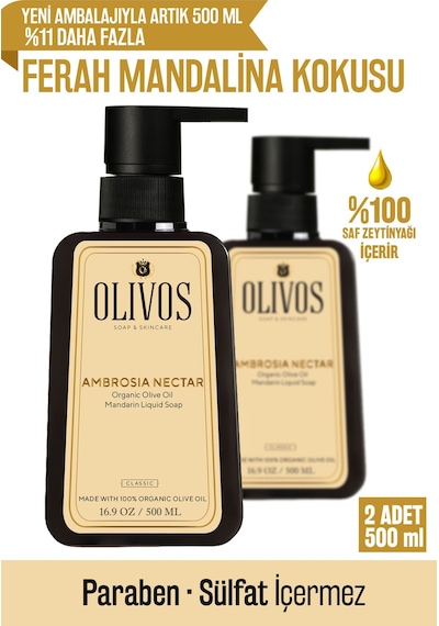 Doğal Zeytinyağlı Mandalina Sıvı Sabun Mandalinalı Zeytinyağı El Sabunu Nemlendirici 2 Adet 500 Ml