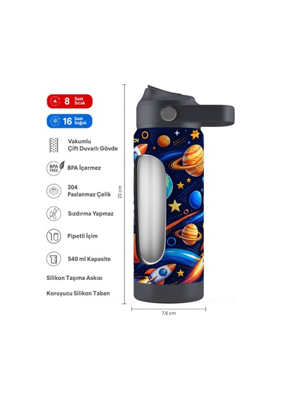 Puccon 540 Ml Uzay Ve Roket Baskılı Siyah - Lacivert Erkek Çocuk Pipetli Çelik Termos Matara/suluk - 60053