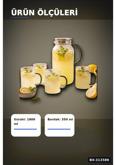 Kulplu 1800 Ml Cam Sürahi Ve 350 Ml 4 Bardak Seti - 5 Parça Şeffaf Bx-313586