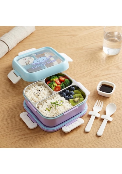 Paslanmaz Çelik 3 Bölmeli Kilitli Yemek Kabı 2000 Ml, Çatal Kaşık Dahil Renkli Desenli Lunch Box, Çelik İç Hazneli Saklama Ve Taşıma Kabı