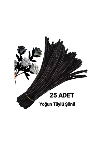 25 Adet Siyah Şönil, Çiçek Yapımına Uygun Tüylü Tel, 30 Cm 6 Mm
