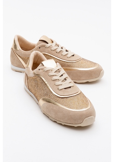 Luvishoes Luvi Shoes Bonia Bej Süet Altın Taşlı Hakiki Deri Kadın Spor Ayakkabı Bej-süet Bej