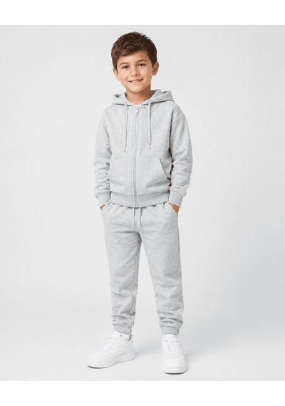 Eray Alp Kids Unisex Çocuk Gri Kapüşonlu Fermuarlı Eşofman Takımı Günlük Rahat Kombin