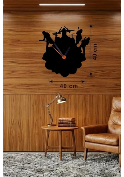 Mey İthalat Rock Band Ve Müzik Temalı Ahşap Duvar Saati - 40x40 Cm Lazer Kesim Çok Renkli