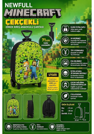 Newfull Çekçekli Minecraft Erkek Anaokul Sırt Çantası-yeşil