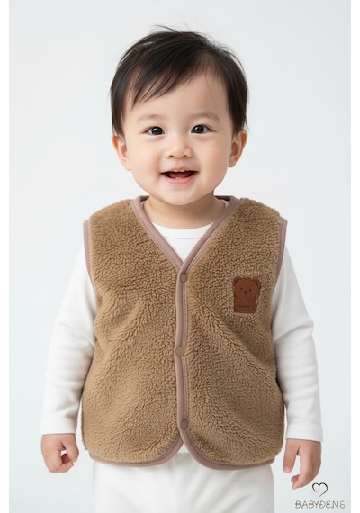 Babyden's 2 Li Welsoft Yelek Seti Erkek Bebek & Çocuk Peluş Yumuşak Kışlık Bebek Yeleği, Çıtçıtlı Kahverengi - Mavi