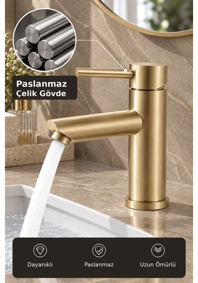 Lavabo Bataryası Mat Gold Fırçalı Altın 304 Paslanmaz Aç Kapa Banyo Bataryası Leke Tutmaz Mat Altın