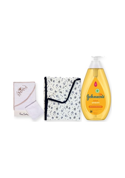 Baby Shower Hediye Seti 3 Parça: Pierre Cardin Kundak Havlu + Johnson's Şampuan + Battaniye - Mavi