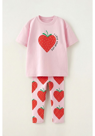 Zuzunga Strawberry Love Baskılı Kız Çocuk Tayt Takım Pembe Çilek Desenli
