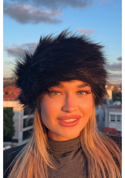 Mollycrush Kadın Siyah Peluş Kürk Şapka Rus Tarzı Premium Kışlık Model Siyah