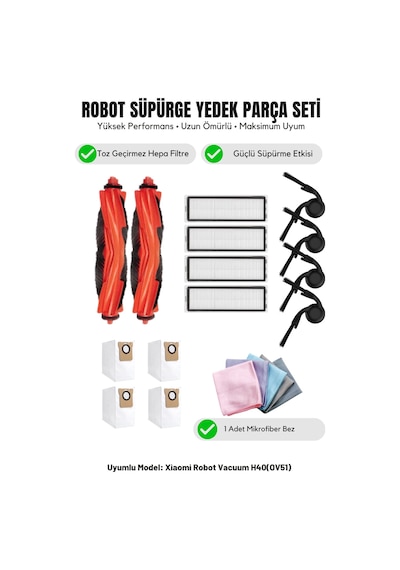 Robot Vacuum H40 Ov51 İle Uyumlu 2 Ana Fırça 4 Yan Fırça 4 Filtre 4 Toz Torbası 1 Temizlik Bezi 16.0