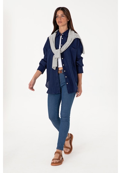 U.S. Polo Assn. Kadın Lacivert Uzun Kollu Keten Tunik Gömlek 50299794-VR033