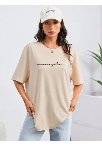 Uyguntarz Unisex Energetic Baskılı Tasarım Tshirt Bej