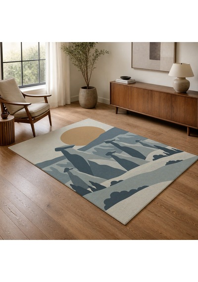 Kartela Halı Kapadokya Peri Bacası Desenli Halı Mavi Kaymaz Taban Makinede Yıkanabilir 200x300 Cm