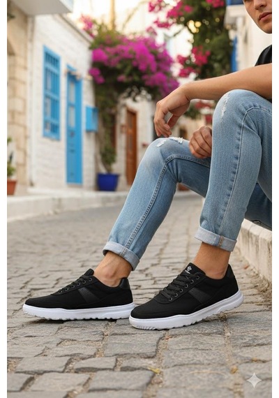 Fort 0226 Dks Keten Rahat Hafif Sneaker Erkek Ayakkabı Siyah - Beyaz