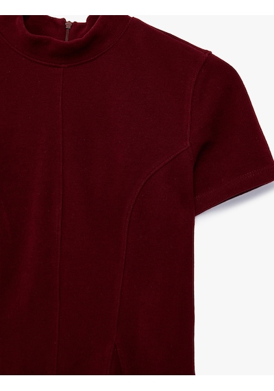 Koton Slim Fit Dokulu Dik Yaka Kısa Kollu Peplum Bluz Bordo 7wak50107ek