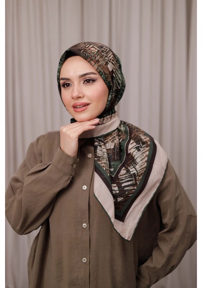 Mimiyum İz Desen Soft Eşarp Yeşil Bej Çok Renkli