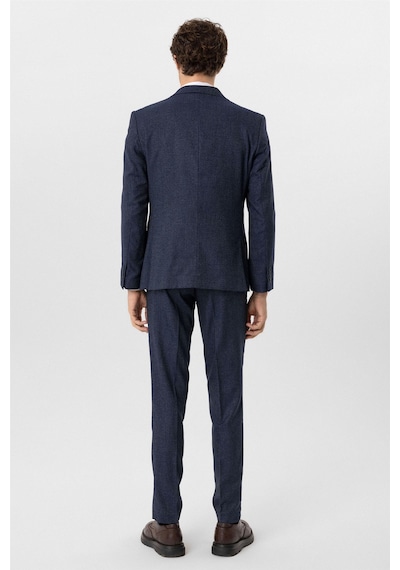 Süvari Lacivert Slim Fit Desenli Sivri Yaka 6 Drop Yelekli Klasik Takım Elbise