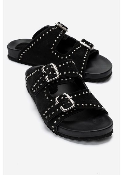 Luvi Shoes Avenelle Siyah Süet Hakiki Deri Çift Bantlı Zımbalı Kadın Terlik
