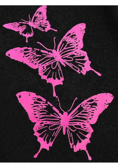 Butterfly Print Drawstring Waist 4 Mevsim Eşofman Siyah