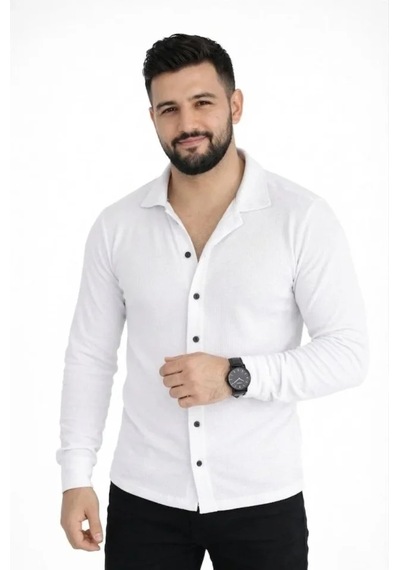 Suma Erkek Waffle Kumaş Uzun Kollu Düğmeli Açık Yaka Regular Fit Gömlek - Beyaz Suma Erkek Waffle Kumaş Uzun Kollu Düğmeli Açık Yaka Regular Fit Gömlek - Beyaz