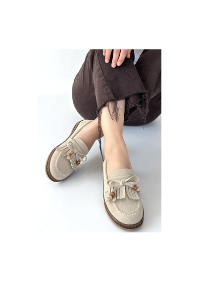 Dmr Elegance Boriy Bej Deri Tozu Süet Babet Ayakkabı Çok Renkli