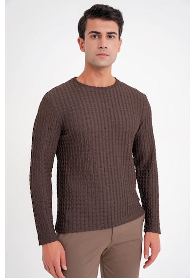 Efor Slim Fit Esnek Pamuklu Dokulu Kumaş Uzun Kollu Kahverengi Tişört Ts 934