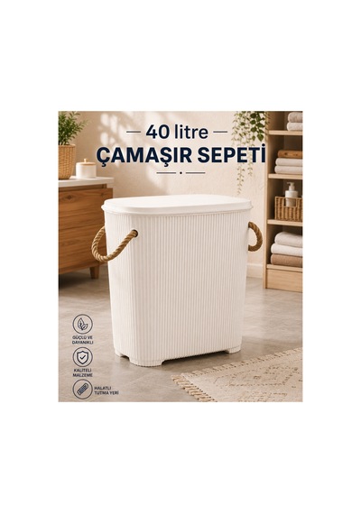 Liva Loft 40 L Kapaklı Çamaşır Sepeti Halat Saplı Beyaz - 918657149 Beyaz