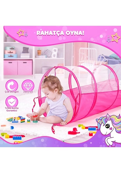 Unicorn Çocuk Oyun Çadırı, 3'ü Bir Arada, Top Havuzu, Oyun Çadırı, Oyun Tüneli - Top Havuzlu Çadır Pembe
