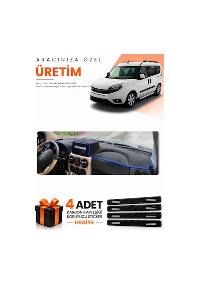 Fiat Doblo 2007-2015 Airbagli Büyük Ekran Uyumlu Torpido Koruma Örtüsü Oto Kılıfı - Siyah Mavi