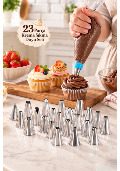 Porsima 05808 23 Parça Paslanmaz Çelik Krema Sıkma Duy Seti - Pasta, Cupcake, Tulumba Tatlısı Süsleme Uçları Ve Adaptör Metalik