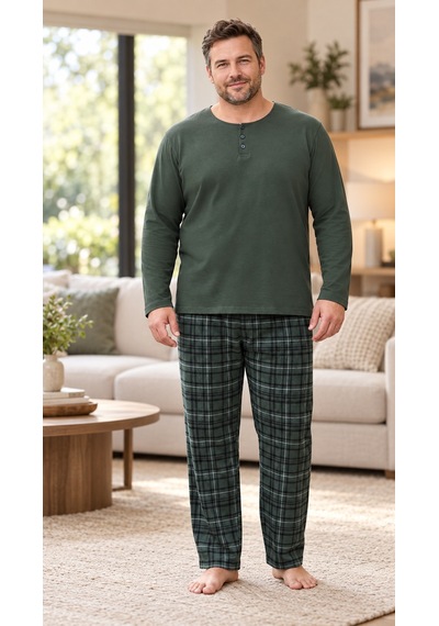 Seboteks İnterlok Kumaş Yakası Düğmeli Uzun Kollu Büyük Beden Erkek Pijama Takımı 8589 Haki Seboteks İnterlok Kumaş Yakası Düğmeli Uzun Kollu Büyük Beden Erkek Pijama Takımı 8589 Haki
