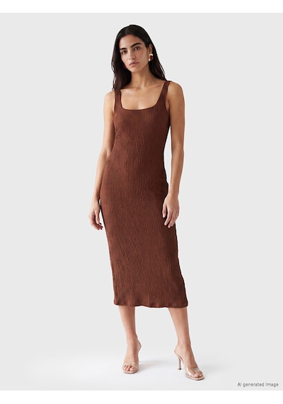 Lcw Vision Kahverengi Kare Yaka Dokulu Bodycon Elbise