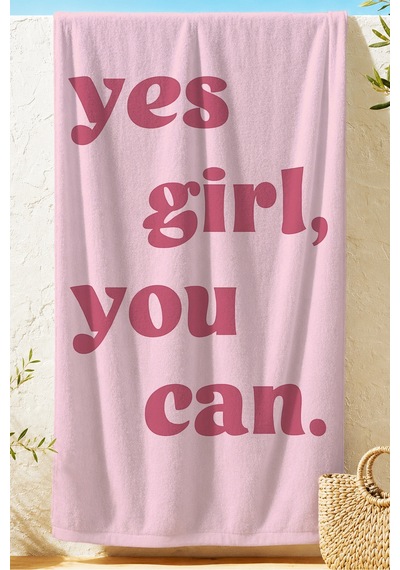 Motivasyon Yazılı Yes You Can Pembe Plaj Havlusu - Minimalist Tipografik Banyo Sahil Örtüsü Mat Kabuğu