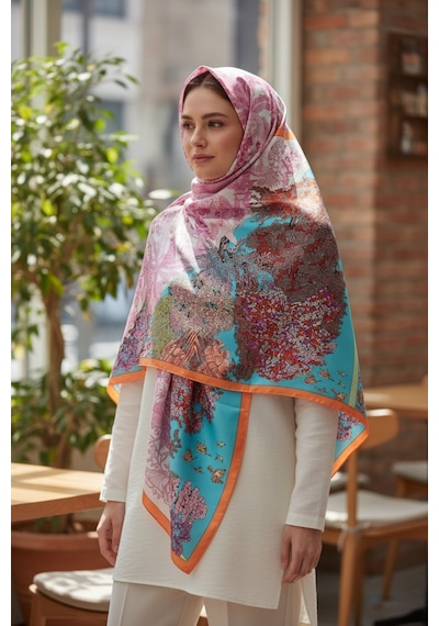Deserto Fashion Saf İpek Twill Eşarp - Özel Tasarım Tok Duruşlu 90x90-1693 Çok Renkli