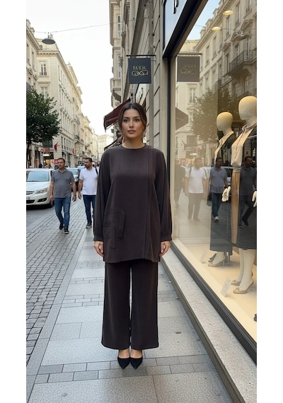 Nuss 1039 Cupra İpek Pantolonlu Takım -kahve Kahverengi