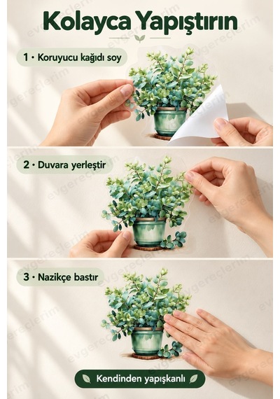 Saksılı Çiçek Desenli 8'li Yapışkanlı Duvar Sticker Seti Yeşil