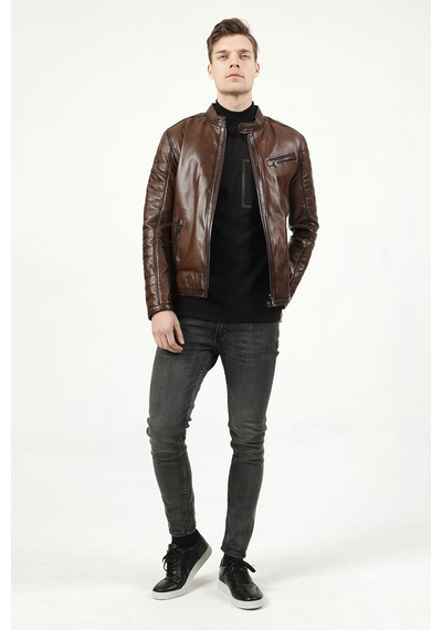 Dericlub Brg Erkek Hakim Yaka Slimfit Hakiki Deri Mont Camel Antik Camel