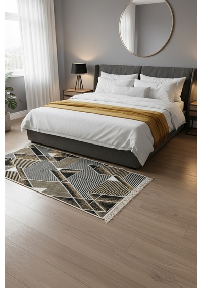 Modern Geometrik Desenli Çift Taraflı İnce Hafif Makinede Yıkanabilir Kilim Renkli