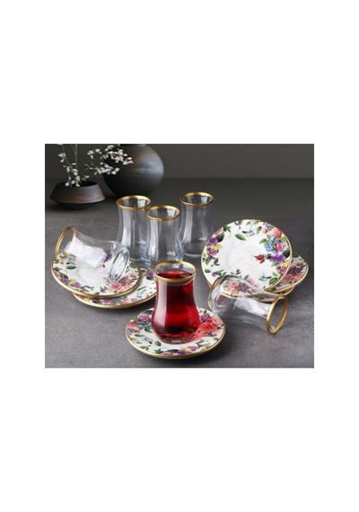 Flora 6 Kişilik Seramik Tabaklı Çay Bardağı Takımı Seti Çok Renkli