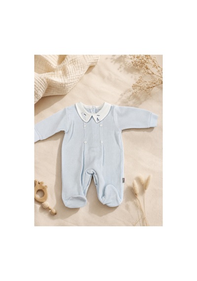 Omeca Concept Nakışlı Bebe Yakalı Triko Bebek Tulum mavi