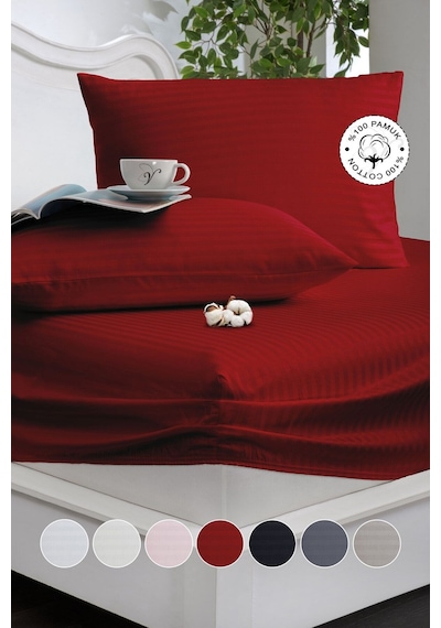 %100 Pamuk Çizgili Saten Tek / Çift Kişilik Lastikli Çarşaf Seti 100x200 160x200 180x200 Bordo