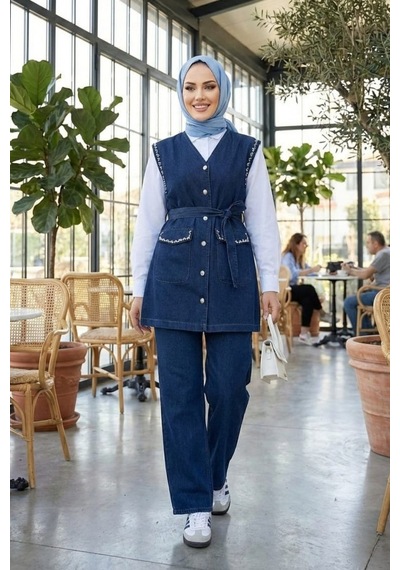 Hb Harma Time Butik Kadın Taş İşlemeli Kuşaklı Yelek-pantolon Koyu Kot Mavi İkili Takım Koyu Mavi Koyu Mavi Hb Harma Time Butik Kadın Taş İşlemeli Kuşaklı Yelek-pantolon Koyu Kot Mavi İkili Takım Koyu Mavi Koyu Mavi