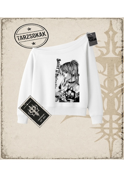 Tarzsokak Gotik & Grunge Streetwear Vintage Anime Misa Amane Saint Gotik Y2k Kayık Yaka Sweatshirt Beyaz