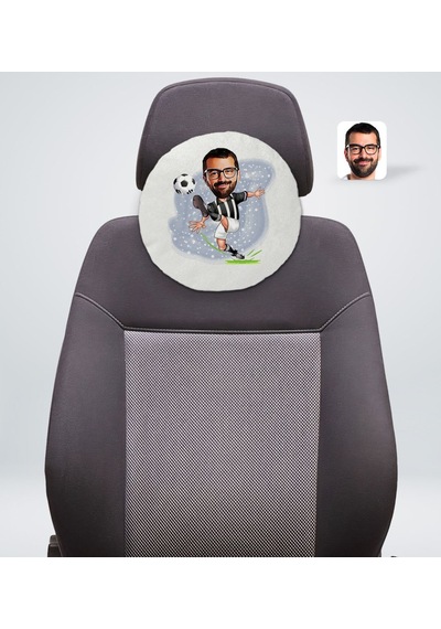 Bk Gift Kişiye Özel Erkek Siyah Beyaz Futbolcu Karikatürlü Yuvarlak Araç Koltuk Yastığı-1