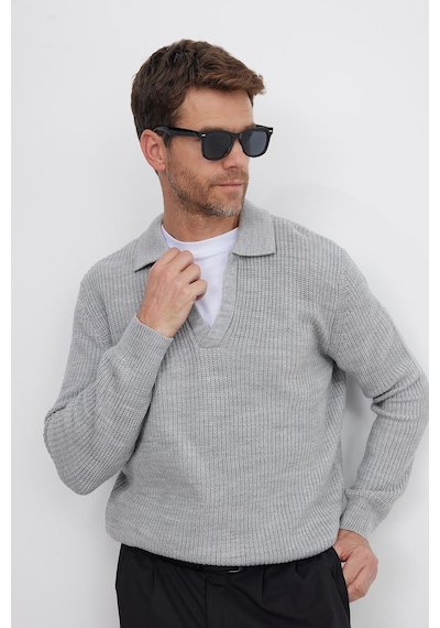 Tudors Erkek Slim Fit Dar Kesim Polo Yaka Gri Kazak-41796 Açık Gri