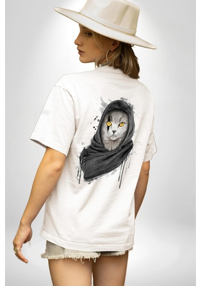 Safari Kedi Şal Eşarp Beyaz Oversize Unisex Ön Ve Sırt Baskılı Tişört Beyaz