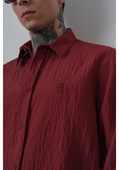 Respire Erkek Çizgi Detaylı Uzun Kollu Oversize Gömlek Bordo