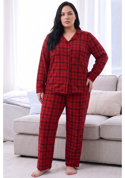 Siyah İnci Desenli Termal Kumaşlı Ultra Soft Yumuşak Büyük Beden Battal Boy Düğmeli Örme Pijama Takımı 26226515 Kırmızı Siyah İnci Desenli Termal Kumaşlı Ultra Soft Yumuşak Büyük Beden Battal Boy Düğmeli Örme Pijama Takımı 26226515 Kırmızı
