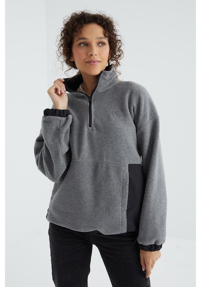Tommy Life Gri Melanj Yarım Fermuar Etek Ucu Büzgülü Dik Yaka Oversize Kadın Polar Sweatshirt - 97236 Gri Melanj